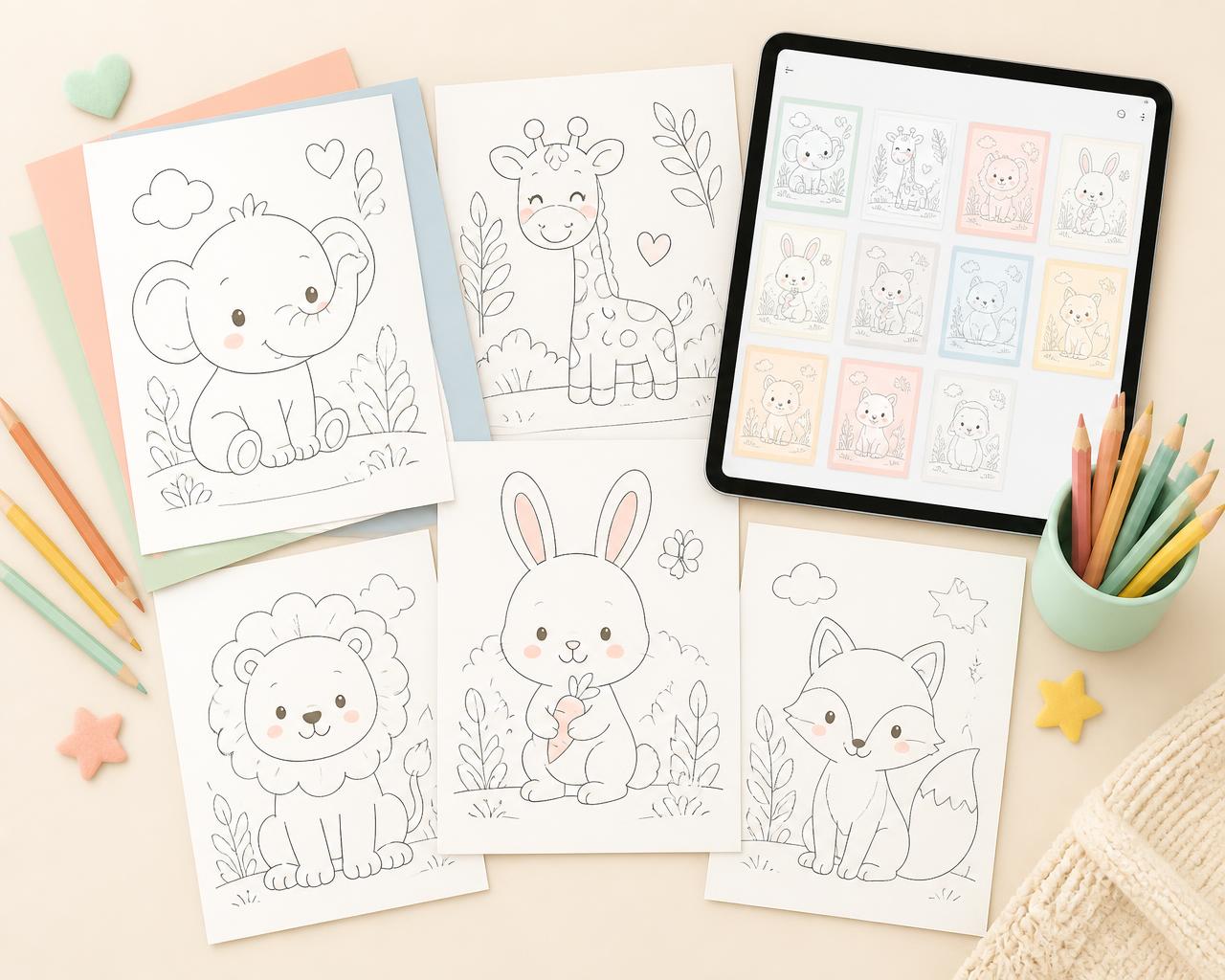 Folhas de atividades e desenhos para colorir do Color Club com lápis de cor e um tablet